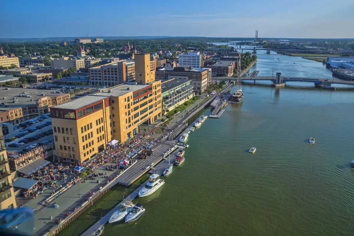 Green Bay CityDeck along the Fox River with the Peacemaker tall ship