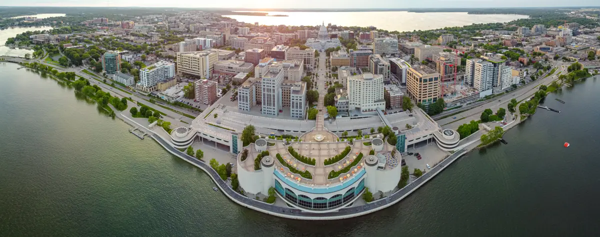 Madison skyline and Monona Terrace beside Lake Monona